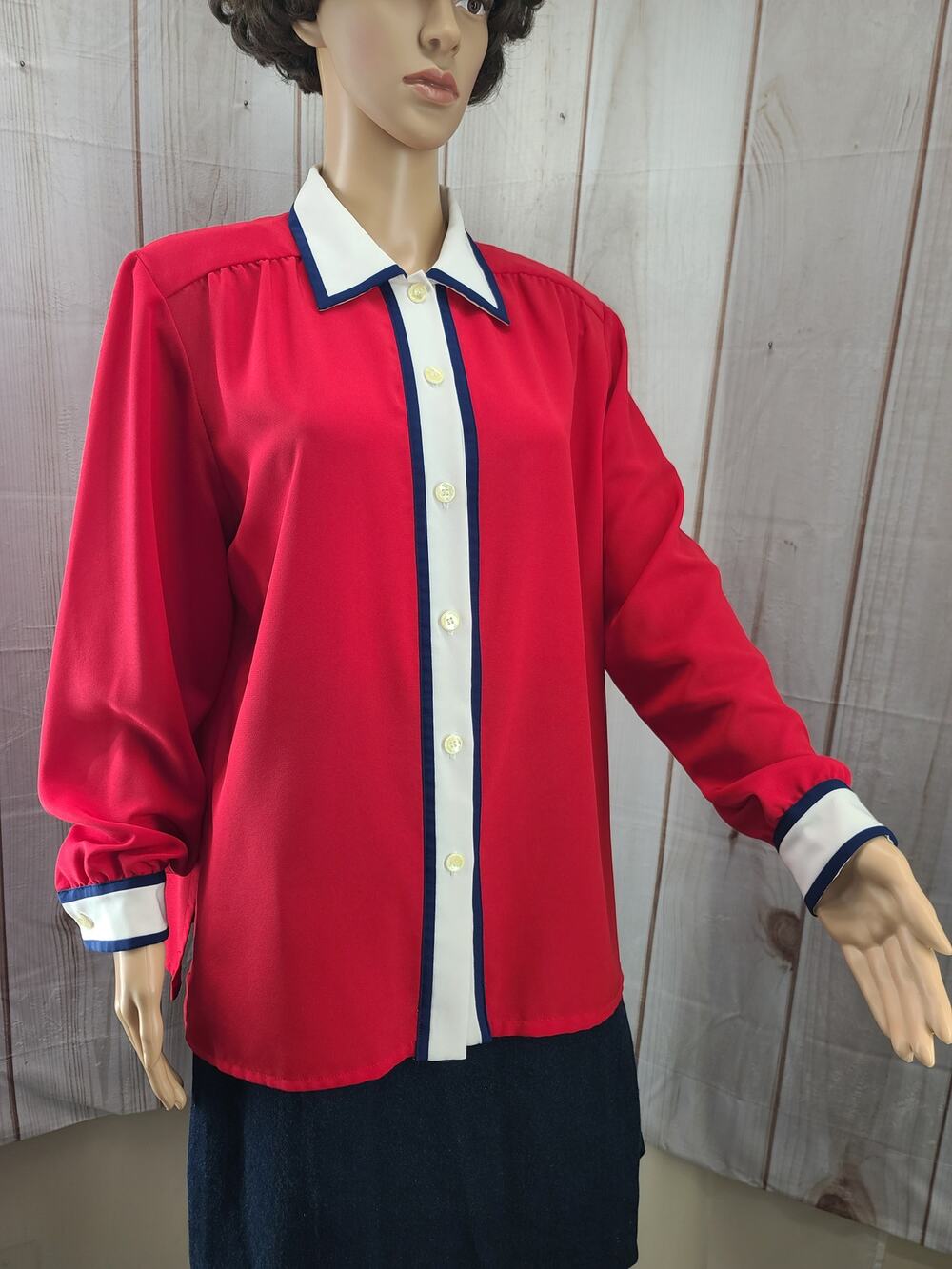 Vintage Da-Rue of California Women XL Color-Block L. Sleeve Button Front Blouse